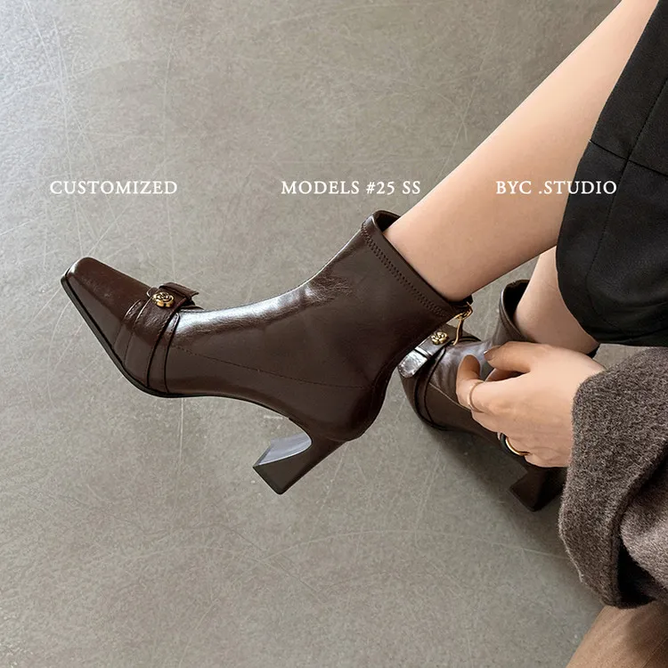 欧美山茶花方头弹力靴新款秋冬季粗跟高跟短靴时尚复古法式瘦瘦靴