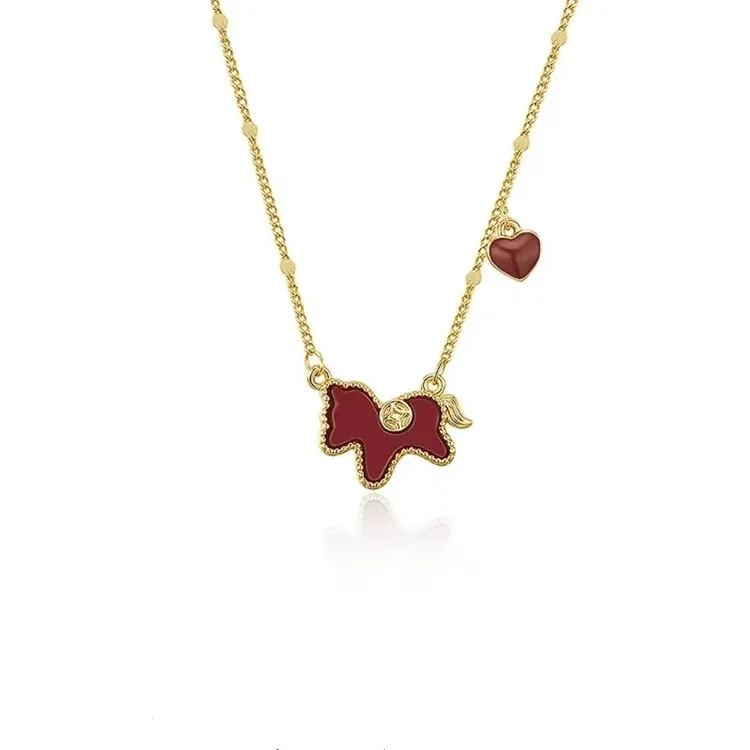 铜合金项链 马上有钱吊坠项链女款生肖红色爱心锁骨链轻奢毛衣链