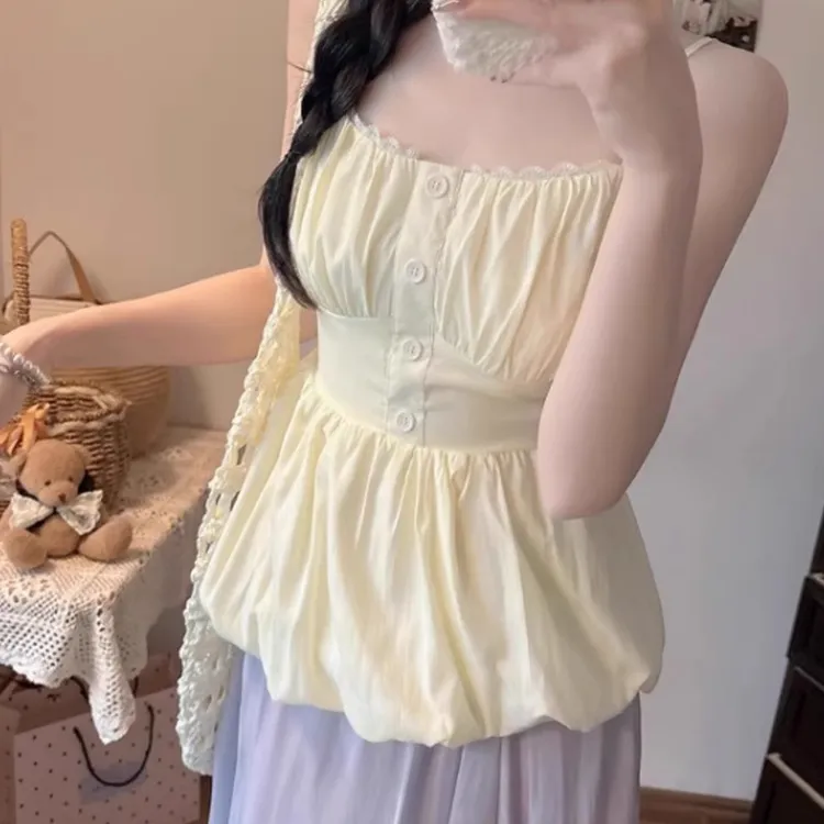 巨好看蕾丝边拼接吊带背心女夏季纯欲风性感收腰显瘦花苞无袖上衣