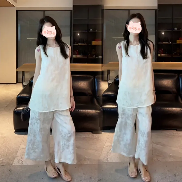 夏季爆款韩版时尚洋气大码宽松无袖上衣高腰阔腿休闲裤两件套女装