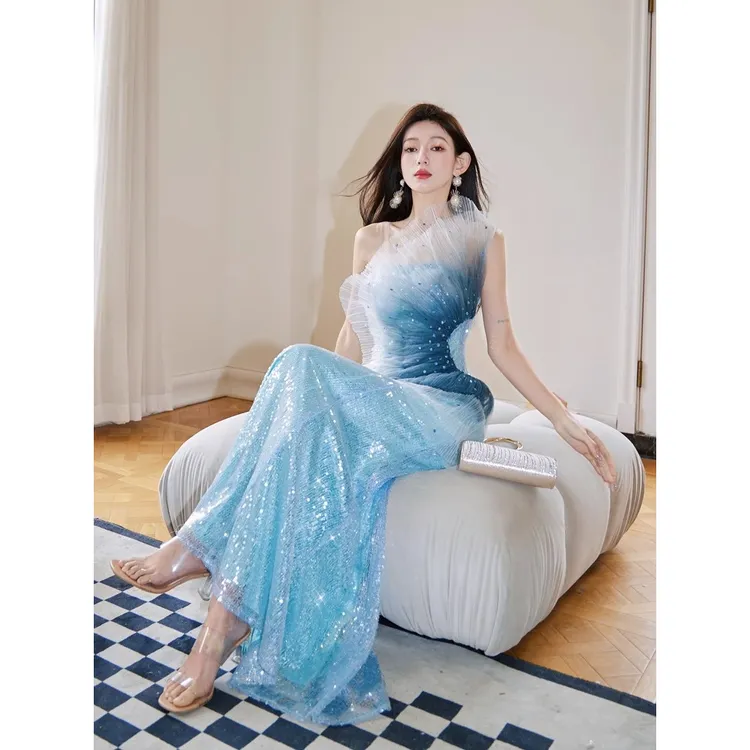 2025美深海人鱼姬立体网纱亮片连衣裙生日裙成人礼越南小众连衣裙