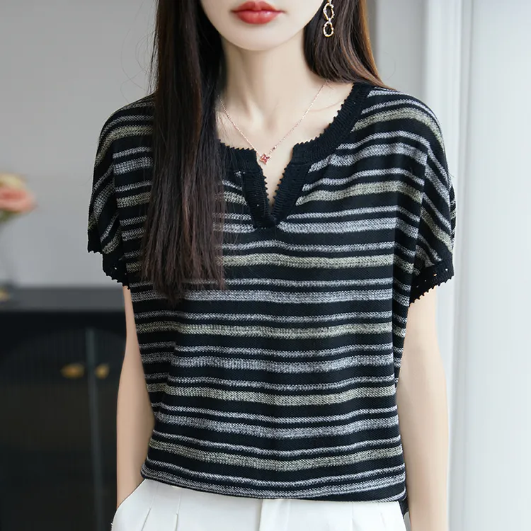 哥弟阿玛施正品夏季V领夏季宽松显瘦女短袖薄款毛针织衫条纹上衣