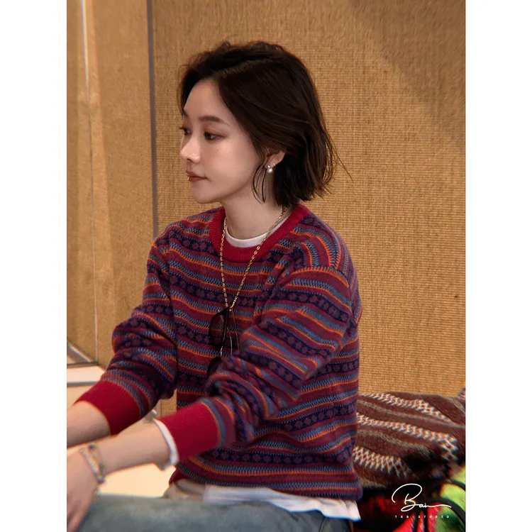 TXB 100羊毛经典费尔岛花纹撞色条纹舒适圆领针织衫XB-7992