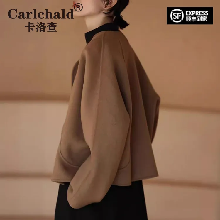 卡洛查（CARLCHALD）春秋季新款弧线纽扣大衣小个子羊毛双面呢外套
