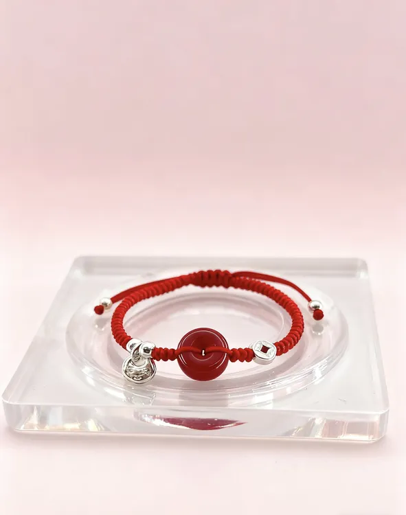 足银手链 足银手链 朱砂转运珠纯银可爱情侣手工编绳生日礼物