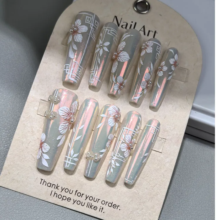 【灼灼桃花】古风刺绣美甲纯彩绘定制款纯手工穿戴甲高端定制新款