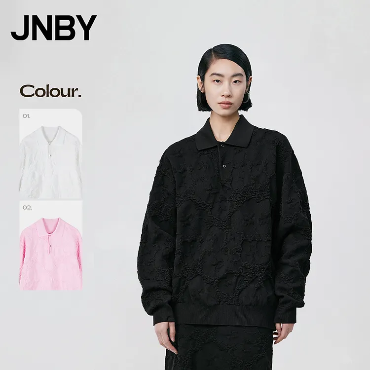JNBY/江南布衣春秋季女装毛针织衫纯色宽松简约翻领提花5O2310250