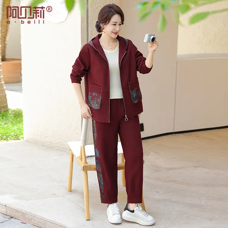 时尚妈妈秋装套装新款中年女纯色连帽上衣中老年女气质减龄两件套
