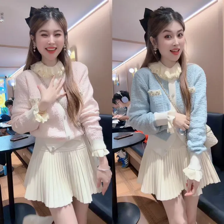 小香风撞色针织开衫女秋季2025新款软糯亮钻钉珠毛衣外套上衣女