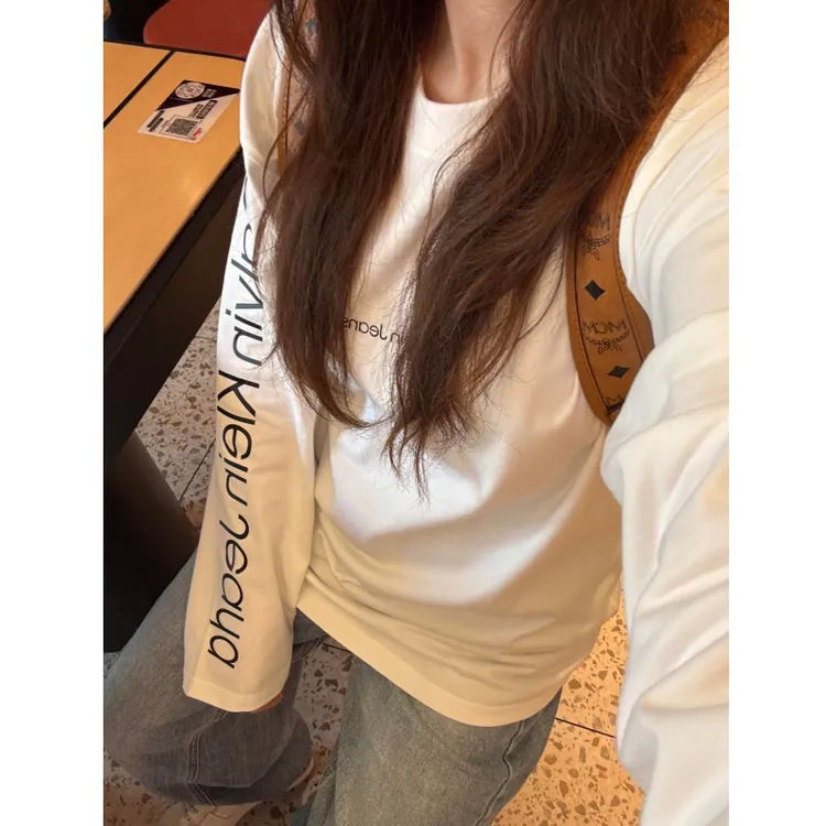 美版CK 印花长袖T袖女早秋韩版圆领宽松百搭慵懒风打底情侣上衣