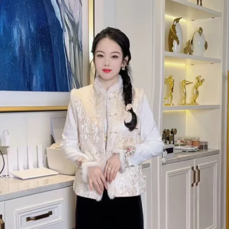 ［露露特定］秋冬新款新中式国风立领加棉加厚提花马甲