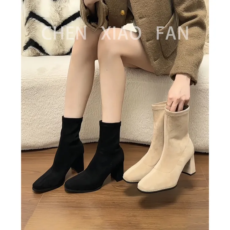 复古厚底弹力短靴马丁靴女瘦瘦靴袜靴2025秋冬新款粗跟方头靴子