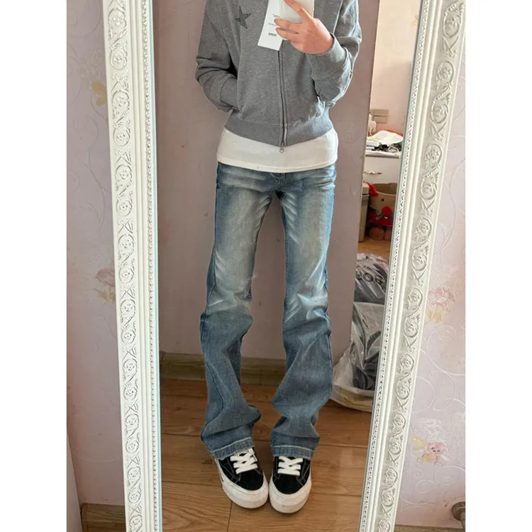美式复古ins潮流小众微喇牛仔裤女2025新款修身显瘦高街直筒长裤