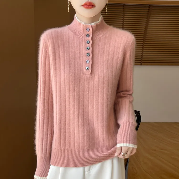 100纯羊毛衫~双层半开立领7扣坑条女百搭减龄针织打底套头衫