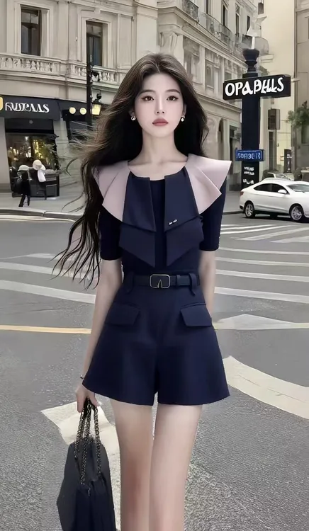 时尚通勤风撞色短袖不规则设计圆领上衣+深蓝色百搭显瘦短裤套装