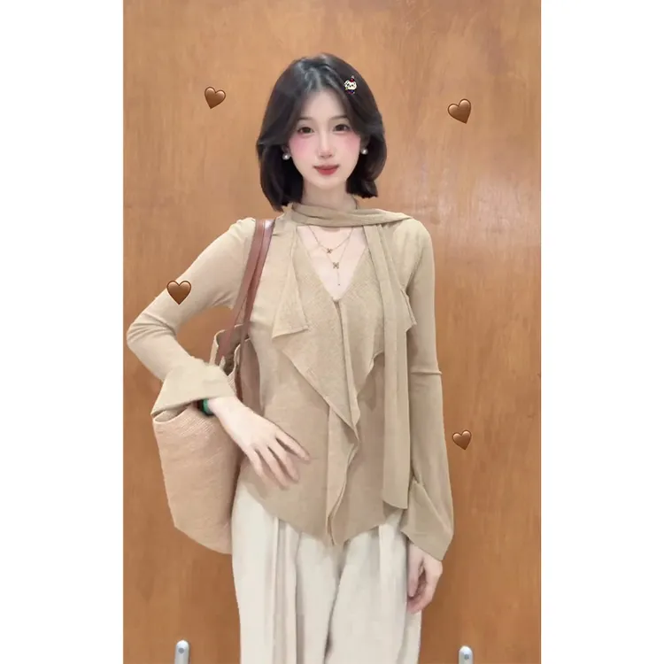 2025早秋新款女法式气质荷叶边飘带V领上衣百搭高腰显瘦阔腿长裤