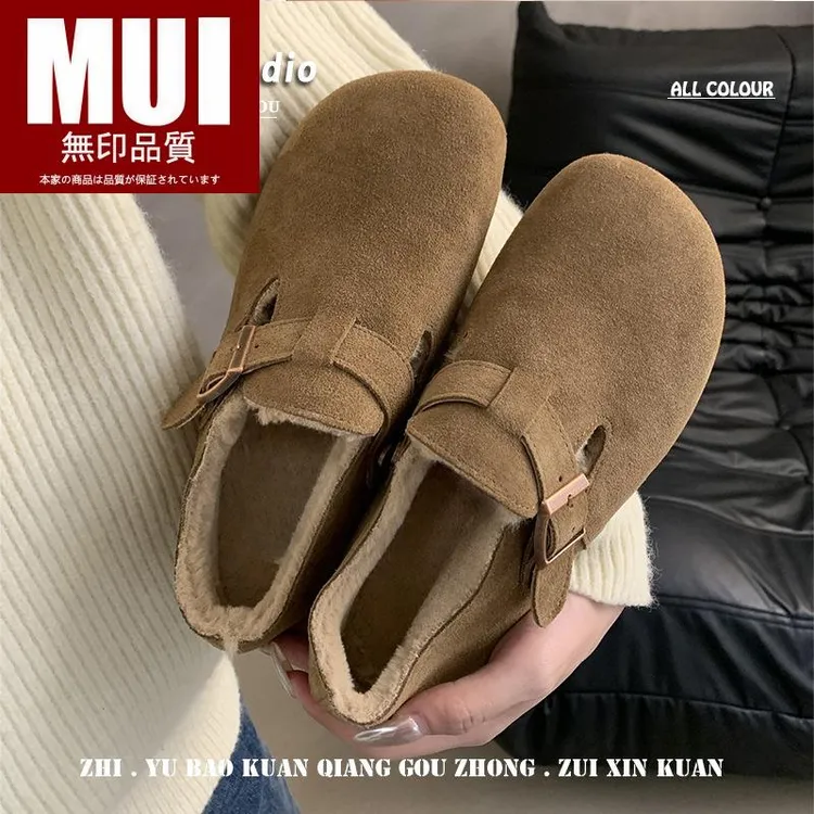 日本無印勃肯鞋女全包秋冬加绒保暖鞋软底日系丑萌单小香花鞋棉鞋