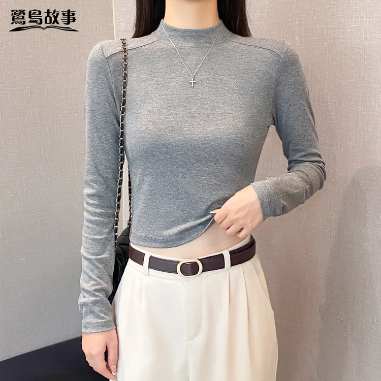 鹭岛故事半高领鱼骨长袖t恤女春秋修身打底衫内搭正肩短款上衣潮