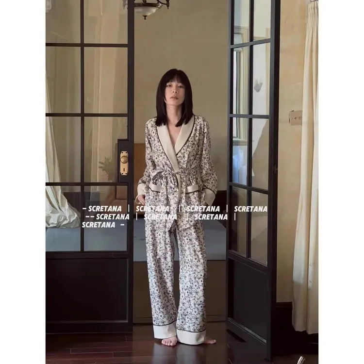 法式碎花纹理睡衣女款2025新款秋冬季长袖暖气房睡衣家居服可外穿