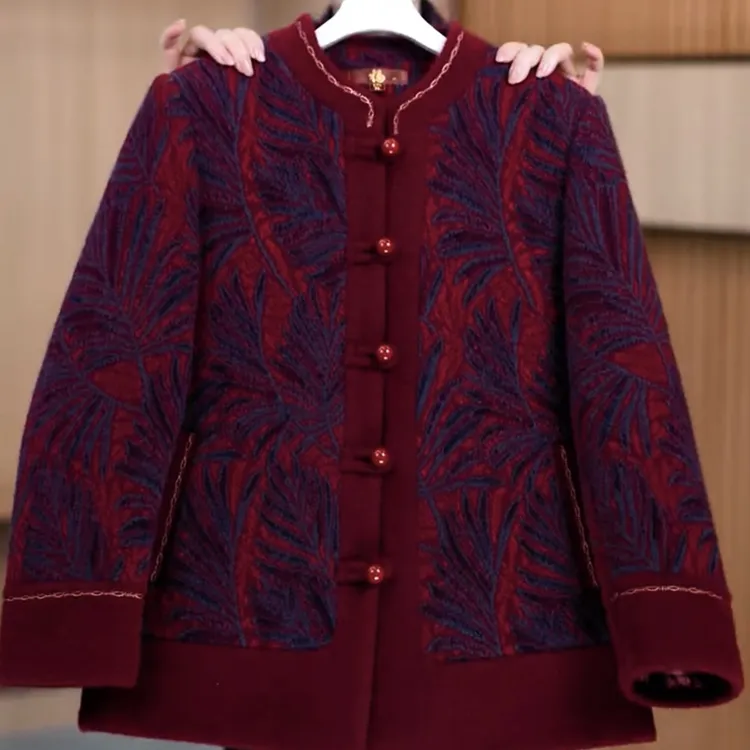 中老年冬加绒加厚国风复古翻领提花外套妈妈装时尚气质百搭