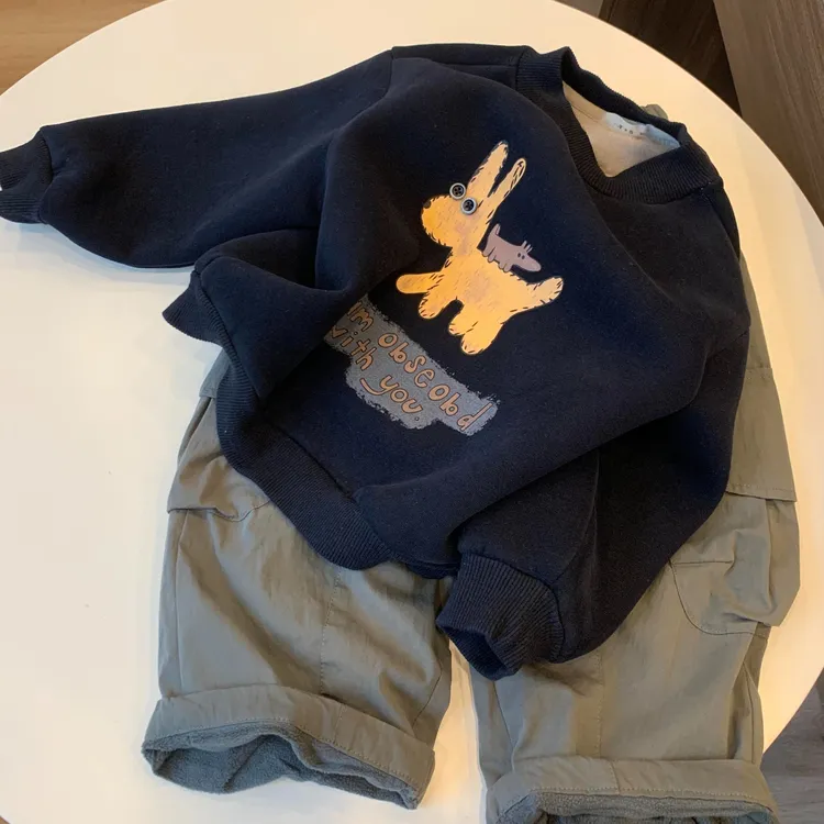 儿童加绒圆领卫衣秋冬2025新款韩系男童中小童卡通印花保暖上衣潮