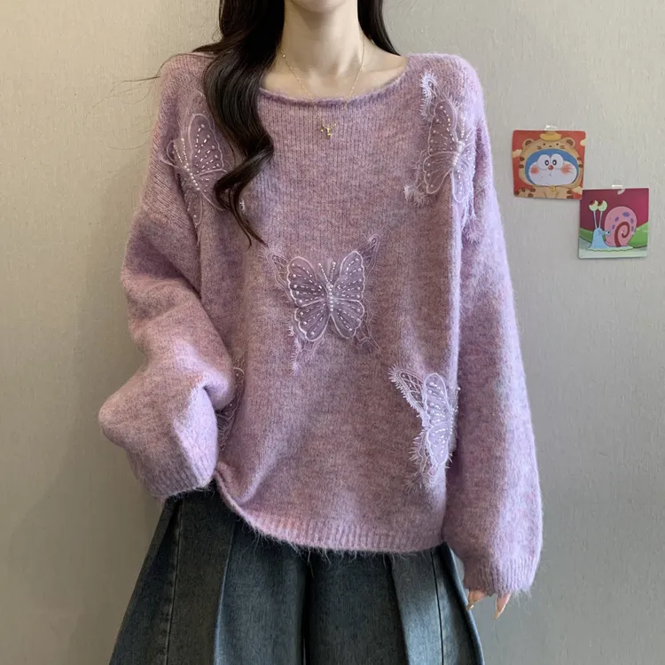 新品超好看紫色立体蝴蝶毛衣女2025秋季新款大码胖mm马海毛针织衫