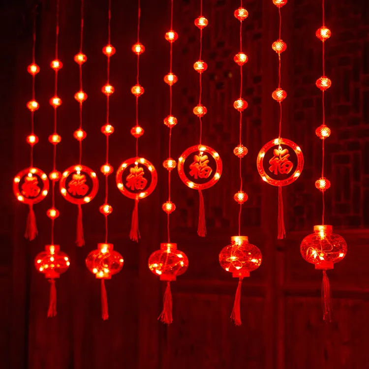 新品红灯笼装饰灯家里过年布置彩灯春节彩灯闪灯串灯户外窗帘灯串