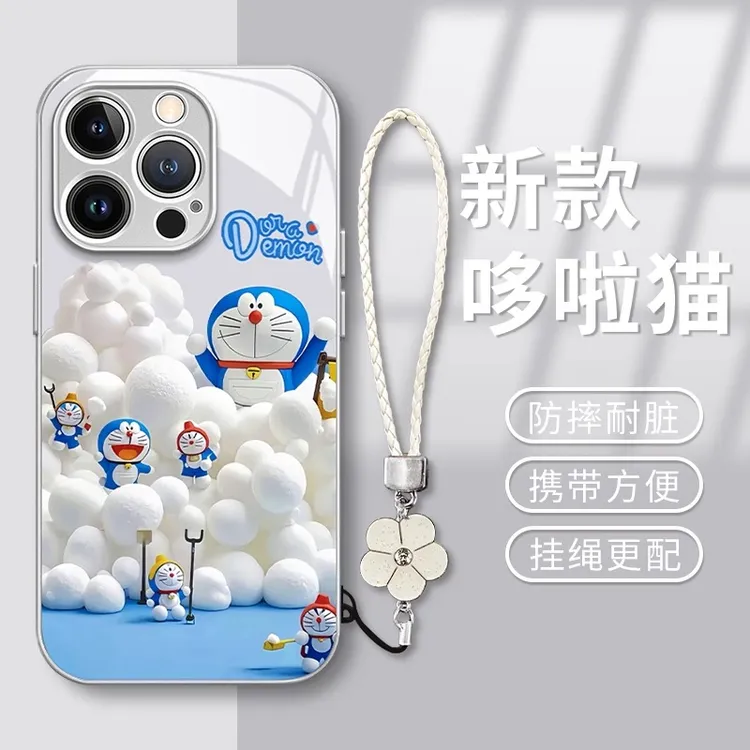 哆啦A梦手链适用苹果16pro玻璃手机壳华为oppo新款小米15vivo防摔