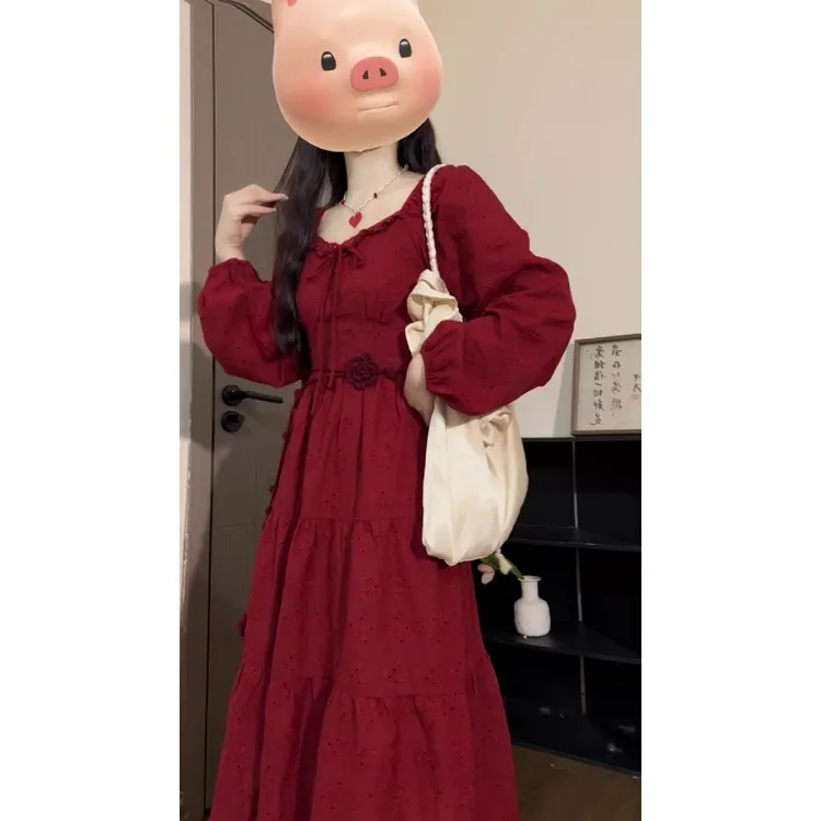 绝美法式高级感法式复古收腰显瘦气质荷叶领红色长袖连衣裙女秋冬