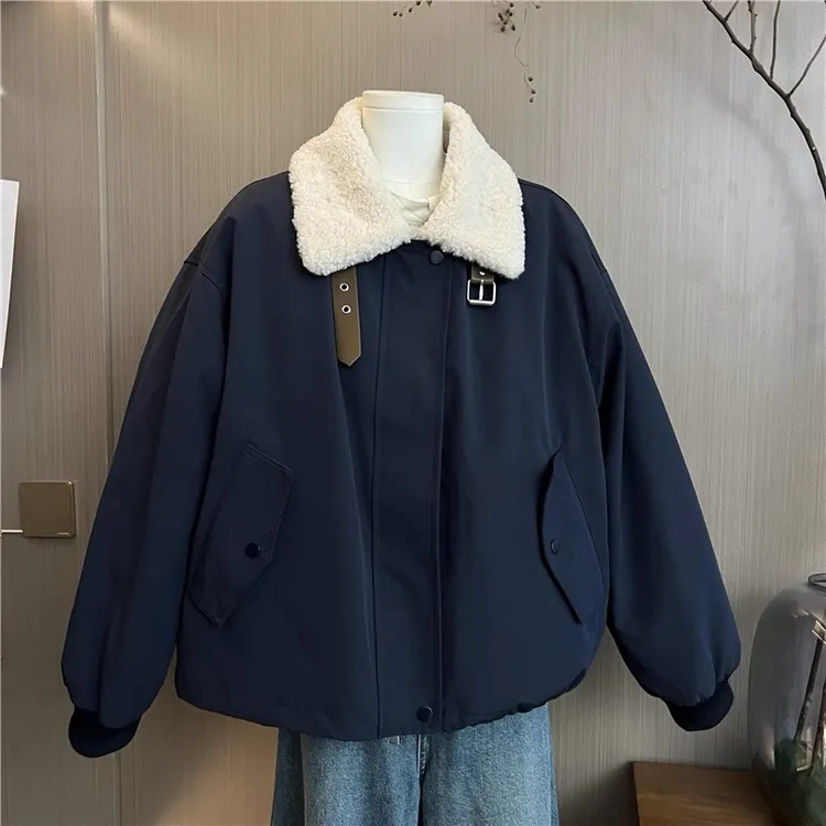 韩系立领羊羔毛拼接工装小个子外套慵懒ins风加绒加厚棉衣女秋冬