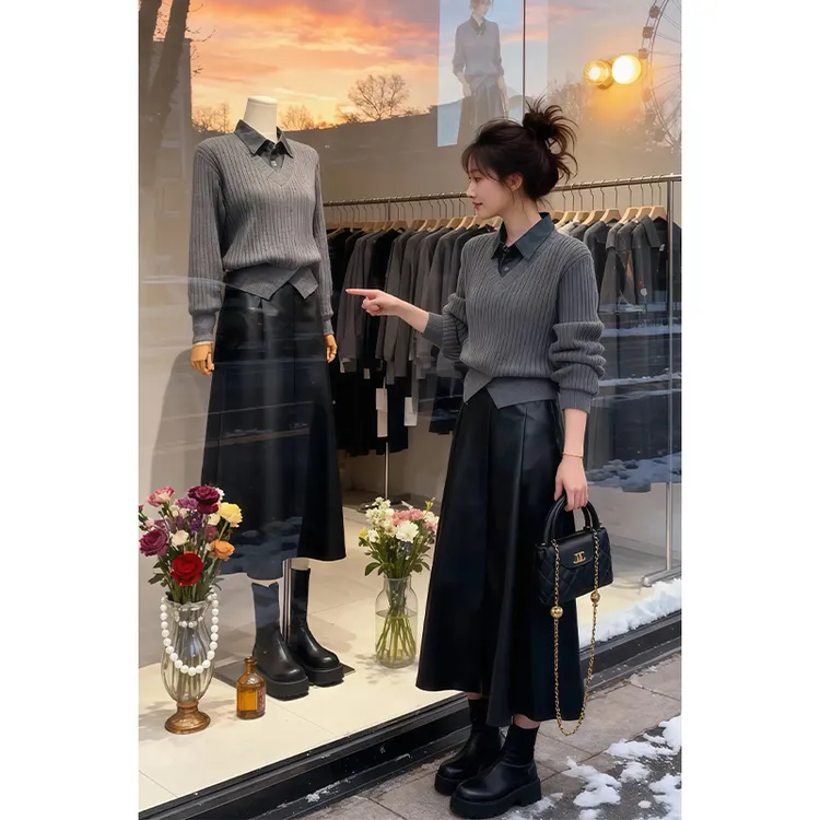 2025新款秋冬一整套穿高级感小香风假两件针织衫皮裙两件套装女