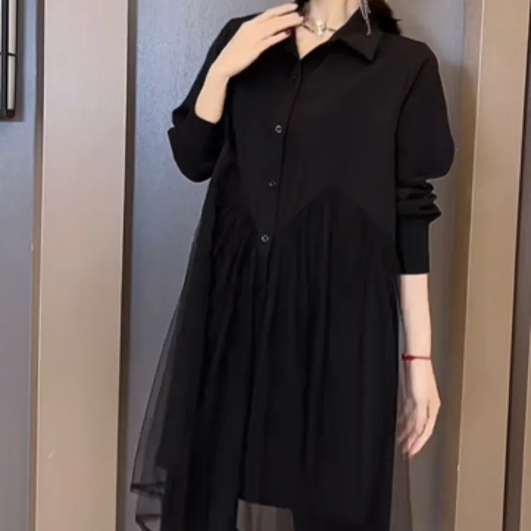 气质甜美大码女装春秋新款网纱拼接遮肉显瘦时尚衬衫裙