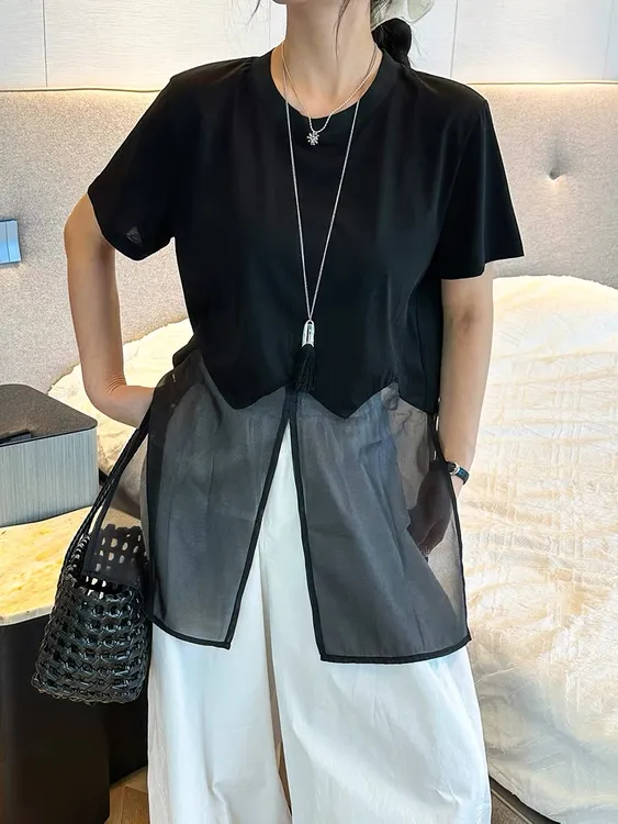 高端设计感拼接网纱开叉短袖T恤，高级感显瘦独特洋气中长款上衣潮