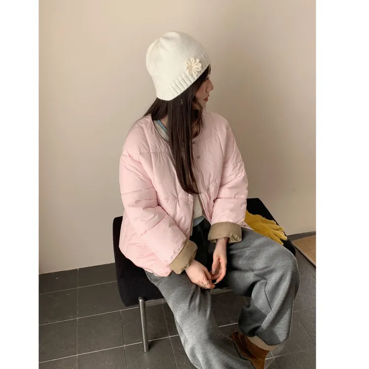 【悠然自乐】韩女宽松圆领单排扣短款轻薄保暖棉服外套