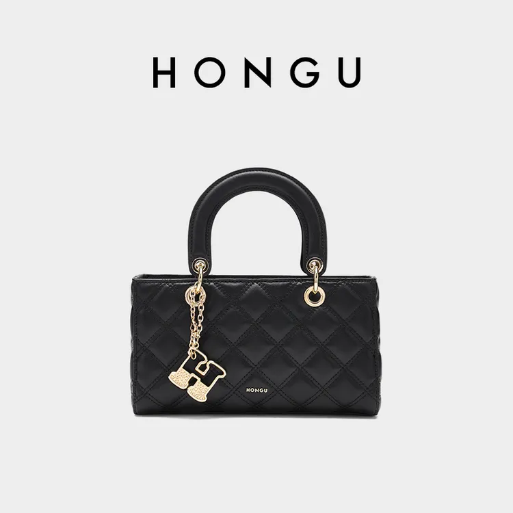 HONGU/红谷高级感真皮手拎包小香风气质戴妃包女士单肩斜挎包7081