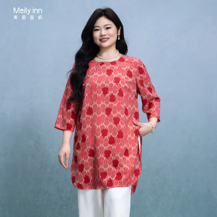 美丽客栈原创高端大码女装加肥加大春夏抗起球免烫印花中式衬衫春