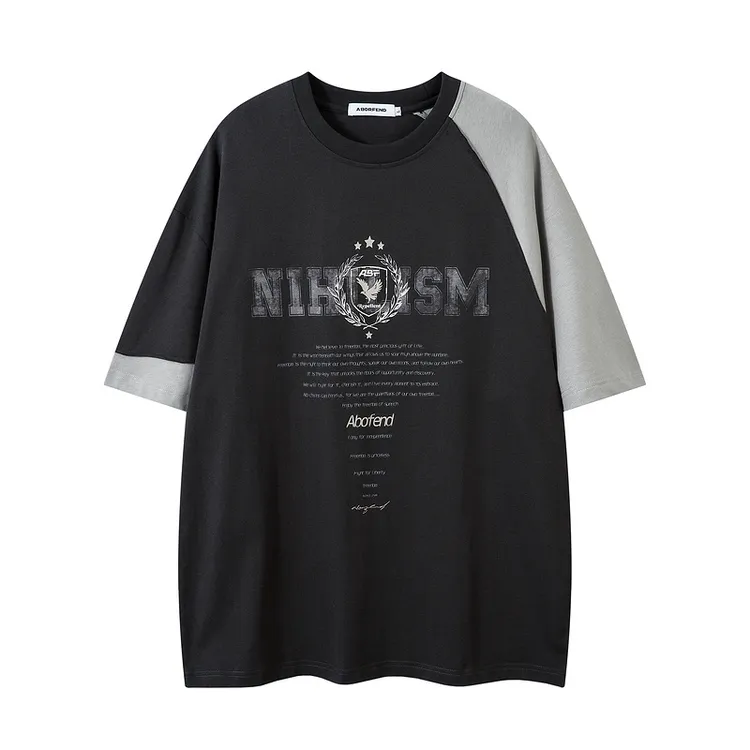 美式复古休闲宽松拼色袖子印花圆领短袖T恤欧美街头潮流插肩袖短t