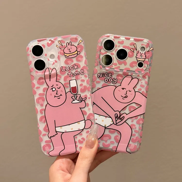 搞怪比心粉兔子情侣手机壳适用苹果17太空壳16promax小米华为15