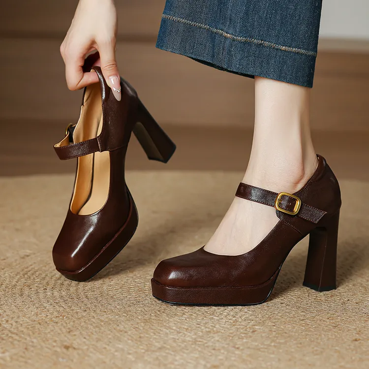 9cm法式复古防水台高跟鞋女春夏一字带厚底粗跟单鞋方头玛丽珍鞋
