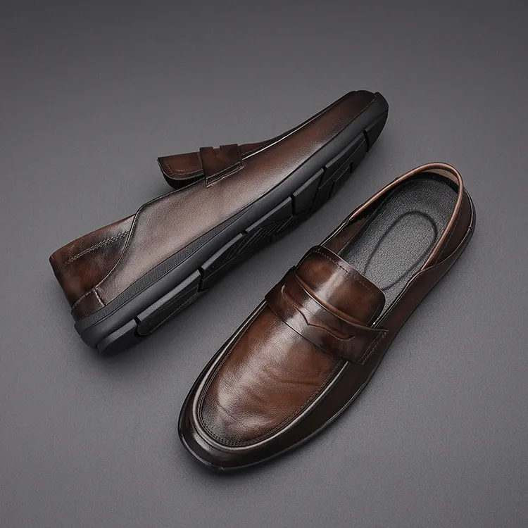 新款头层牛皮单层皮一脚蹬软底软面休闲透气真皮男士豆豆鞋LA1966