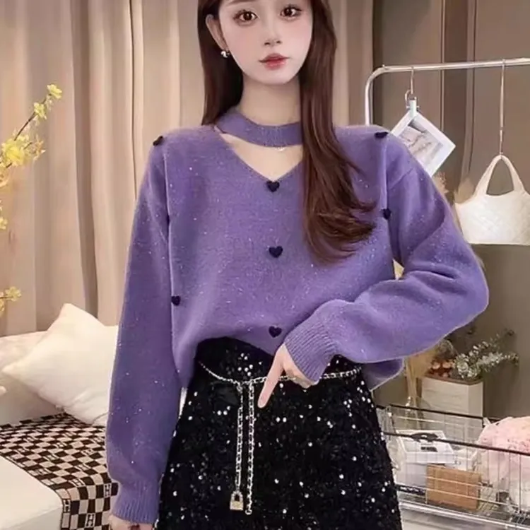 浅浅专属挂脖软糯v领打底毛衣女新款春秋洋气内搭针织衫上衣33129