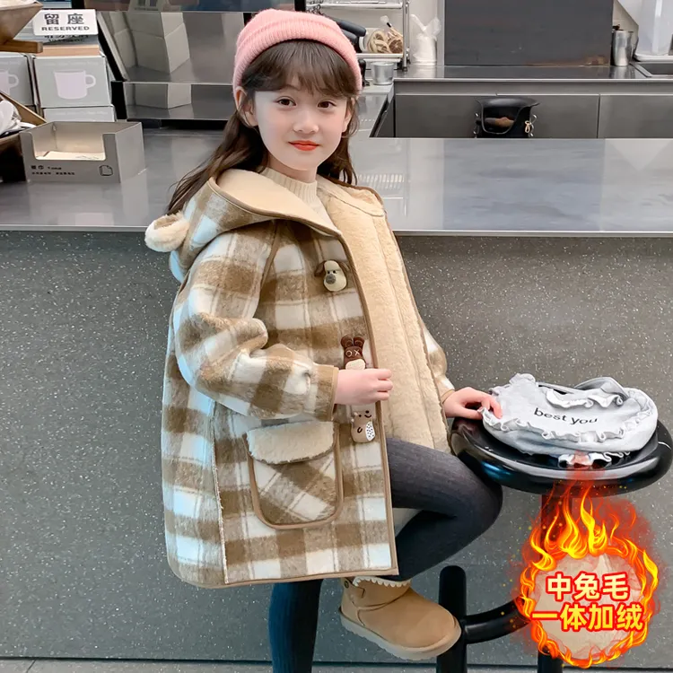 女童冬季加绒外套女加厚女孩衣服过冬可爱连帽衣服时髦公主风百搭