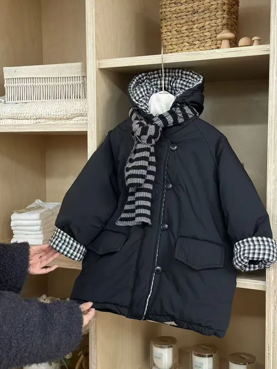男童加绒棉服加厚儿童中长款棉外套连帽冬装宝宝时髦韩版黑色棉袄