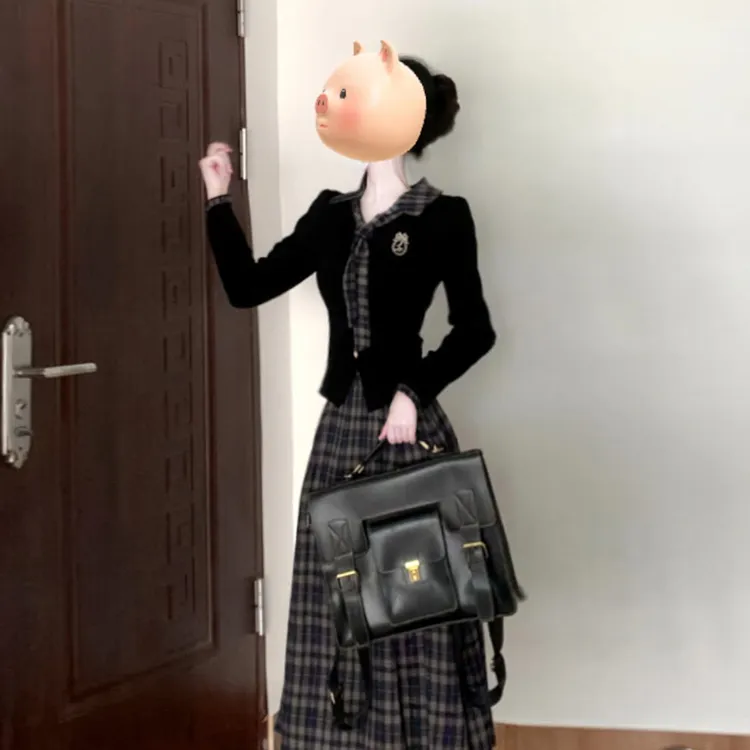 2025新款早秋穿搭一整套装长裙韩系学院风黑色长袖格纹连衣裙子女