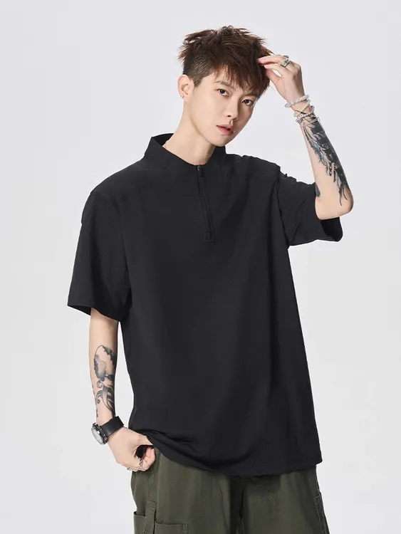 加肥大码300斤美式潮牌纯色拉链立领短袖t恤男女夏季宽松百搭上衣