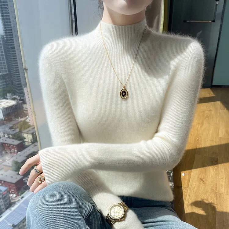羊毛衫女100%纯羊毛半高领秋冬款修身内搭毛衣纯色紧身针织打底衫