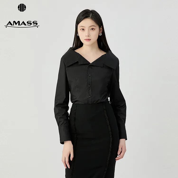 阿玛施AMASS  女装新款优雅女人离颈翻领设计收腰长袖衬衫530035