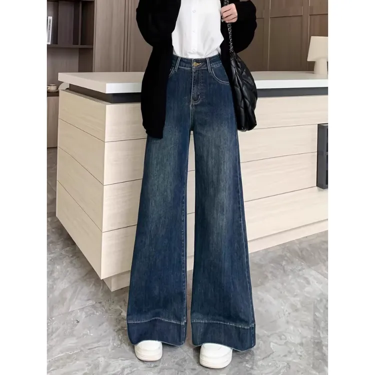 复古蓝阔腿牛仔裤女秋款小个子高腰显瘦宽松垂感加绒拖地微喇叭裤
