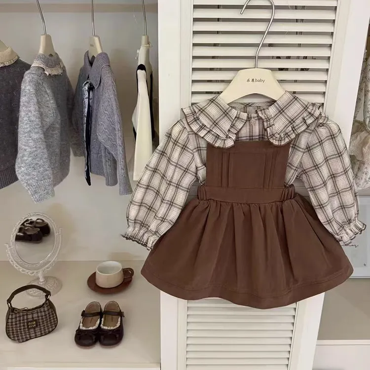 女童套装25年秋季新款韩版时尚休闲复古格子衬衫背带裙时髦两件套