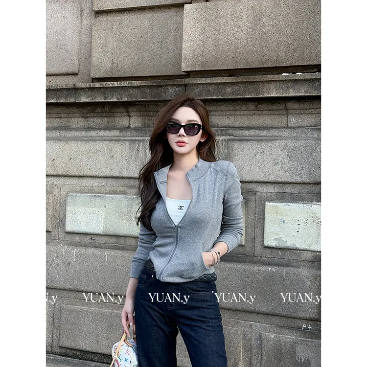 媛媛【bella】灰色短款卫衣拉链外套女款秋修身上衣早秋穿搭#W0920